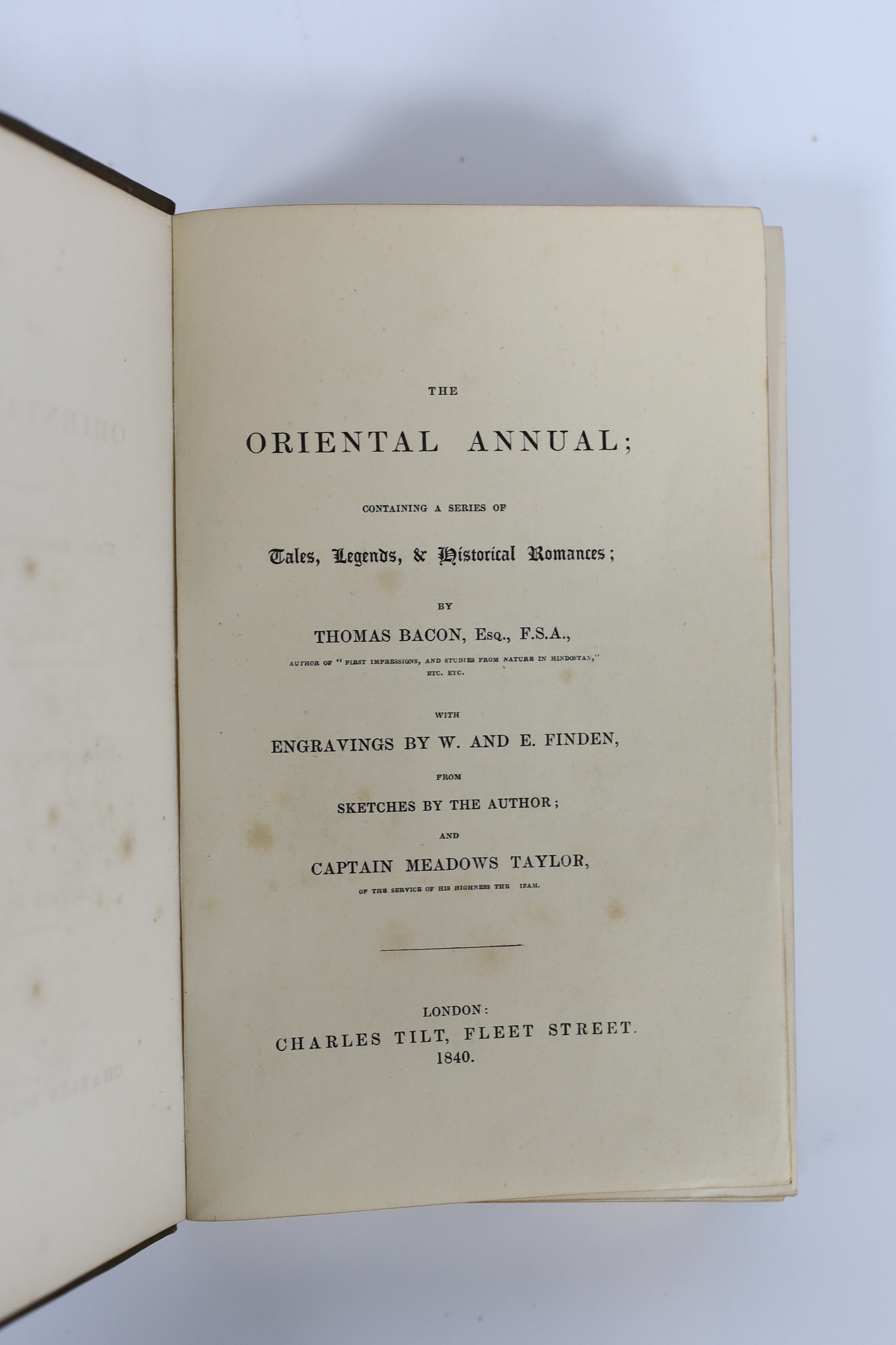 The Oriental Annual, or Scenes in India ... 7 vols., pictorial engraved and printed titles, frontispieces and 138 (ex 139) plates; publisher's gilt pictorial and blind decorated morocco, ge. 1834-40